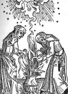Schadenzauber: Hier zaubern zwei Hexen ein Unwetter. Holzschnitt aus dem Jahre 1498